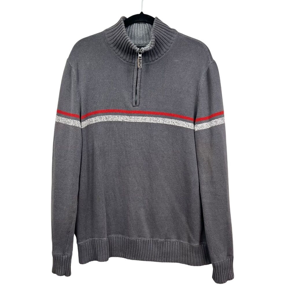 Eddie Bauer Mens Knit Sweater Quarter Zip Mock Neck Ribbed Gray Red White Sz L*